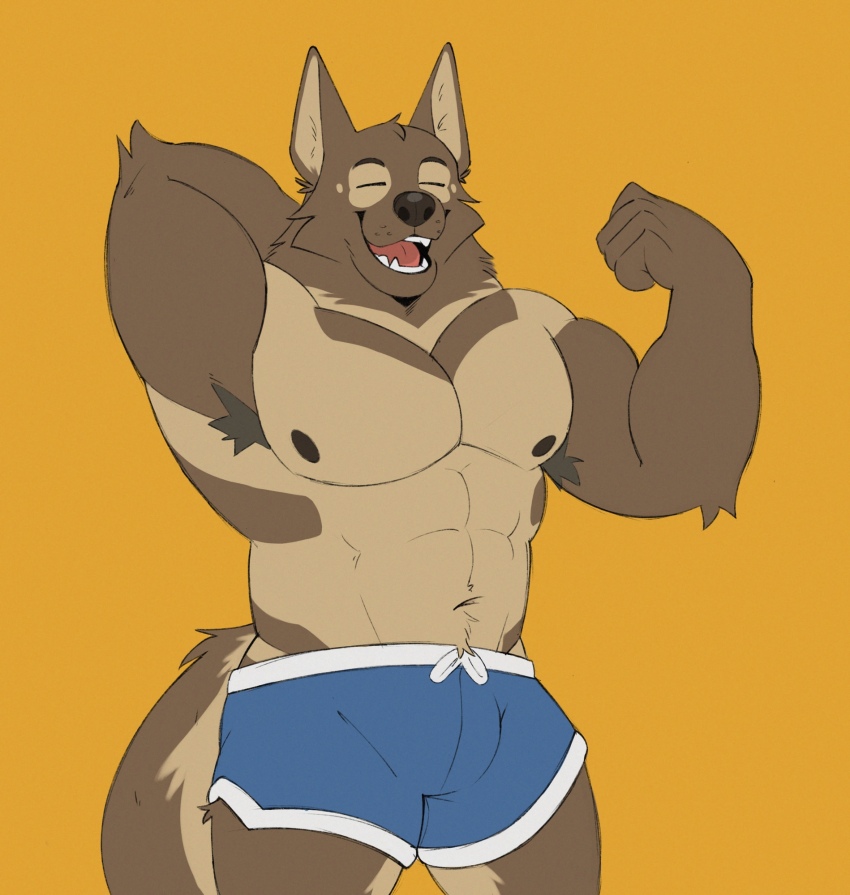 1boy, abs, aldric_(northern_lights), animal_ears, arm_behind_head, bara, blue_shorts, closed_eyes