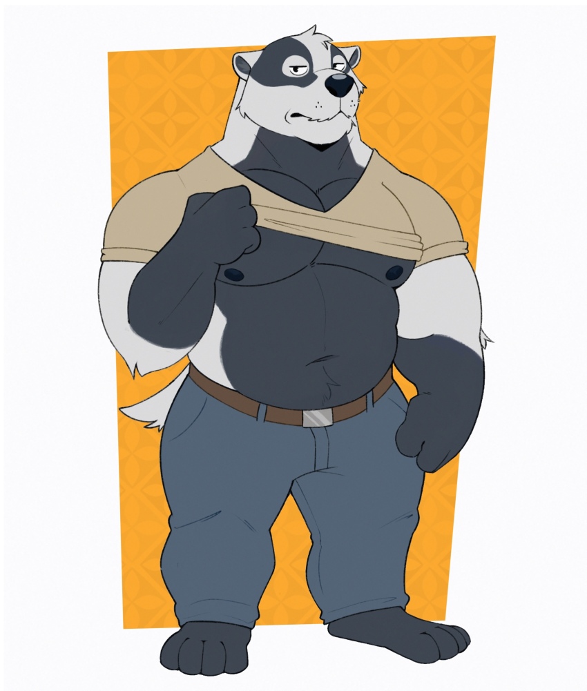 1boy, badger_boy, badger_ears, badger_tail, bara, barefoot, belly, brown_shirt, closed_mouth, clothes_lift, denim, fat, fat_man, furry, furry_male, highres, hitzuca, jeans, looking_at_viewer, male_focus, muscular, muscular_male, navel, nikolai_krol_(the_smoke_room), nipples, pants, pectorals, shirt, shirt_lift, the_smoke_room