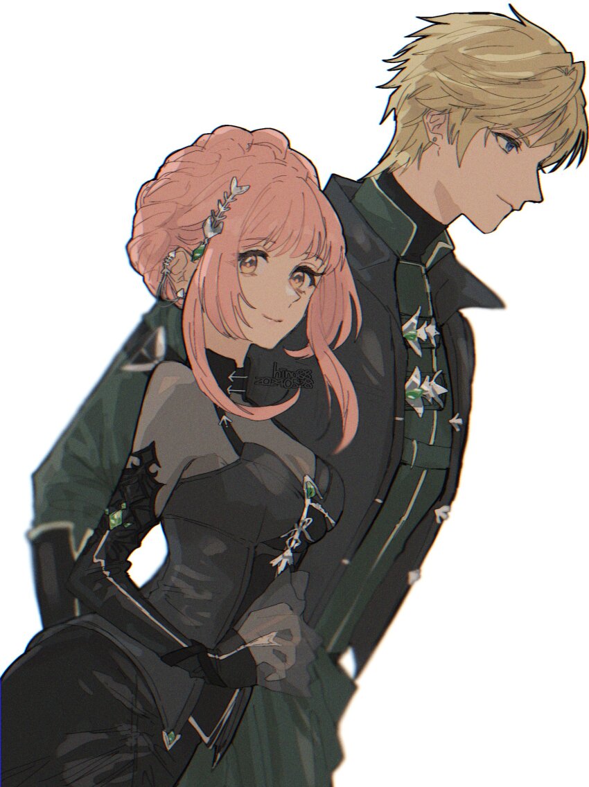 1boy, 1girl, black_collar, black_gloves, black_shirt, black_skirt, black_vest, blonde_hair