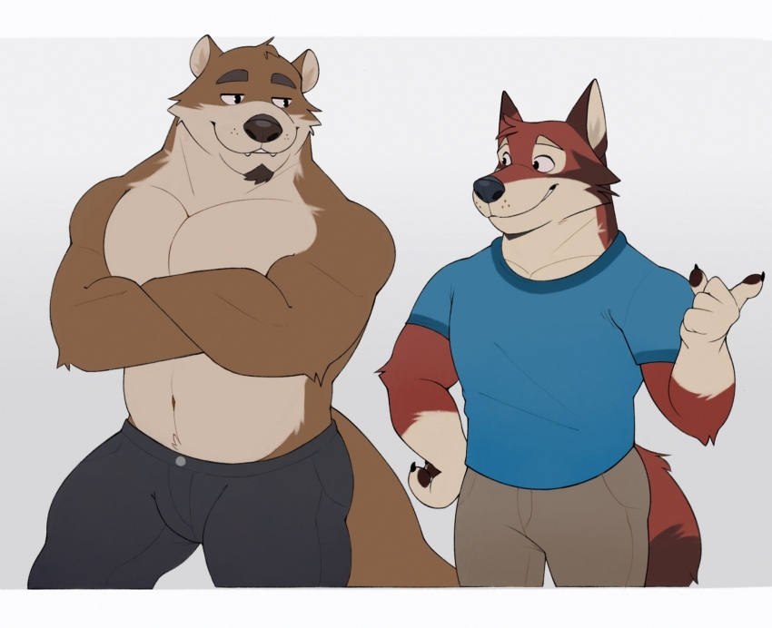 1boy, animal_ears, bara, black_pants, blue_shirt, brown_pants, chase_hunter, claws