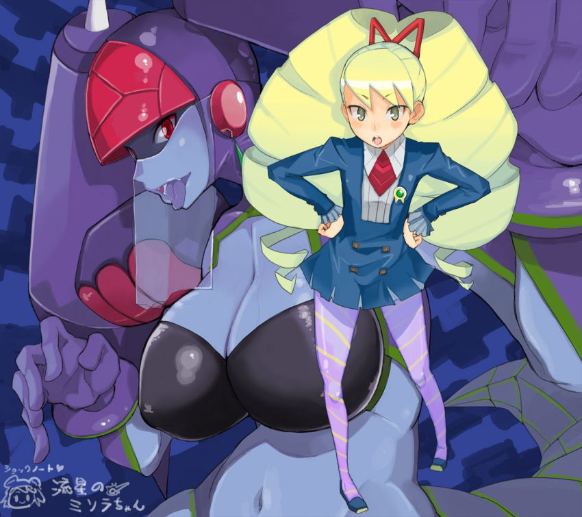 00s, 2girls, bad_id, bad_pixiv_id, big_hair, blonde_hair, blue_skin, breasts, capcom, cleavage, colored_skin, drill_hair, dual_persona, gloves, hands_on_own_hips, large_breasts, long_hair, luna_platz_(mega_man), mega_man_(series), mega_man_star_force_(series), midriff, multiple_girls, multiple_persona, navel, pantyhose, queen_ophiuca_(mega_man), red_eyes, school_uniform, skirt, striped_clothes, striped_legwear, striped_pantyhose, tail, takayama_toshinori, tongue, tongue_out, twin_drills, twintails, yellow_eyes