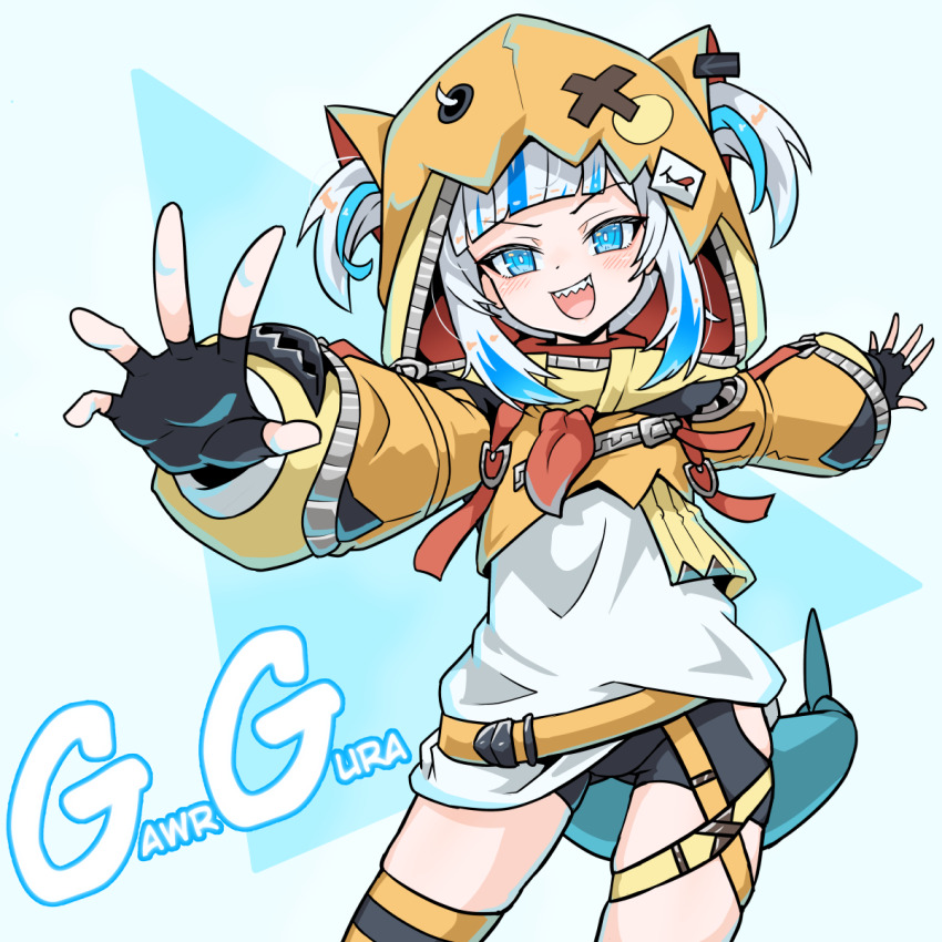 1girl, :d, alternate_costume, alternate_hairstyle, animal_hood, belt, black_gloves, black_shorts, blue_eyes, blue_hair, blunt_bangs, blush, character_name, commentary, cosplay, english_commentary, eyelashes, fingerless_gloves, fins, fish_tail, gawr_gura, gigi_murin, gigi_murin_(cosplay), gloves, highres, hololive, hololive_english, hood, hood_up, long_sleeves, moral_cacoethes, multicolored_hair, open_mouth, orange_belt, outstretched_arms, shark_tail, sharp_teeth, shirt, short_twintails, shorts, sidelocks, simple_background, smile, solo, spread_arms, standing, tail, teeth, twintails, two-tone_hair, virtual_youtuber, white_hair, white_shirt, zipper