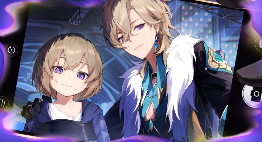 2boys, absurdres, aqua_shirt, aventurine_(honkai:_star_rail), black_gloves, blonde_hair, cellphone, child