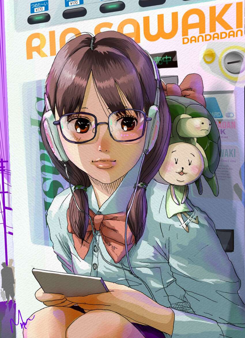absurdres, bespectacled, blush, brown_hair, d_design_oku, dandadan, glasses, headphones