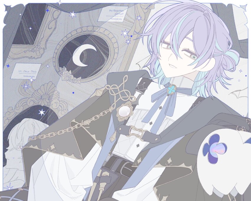 1boy, belt, belt_buckle, black_belt, black_cloak, blue_hair, blue_ribbon, border