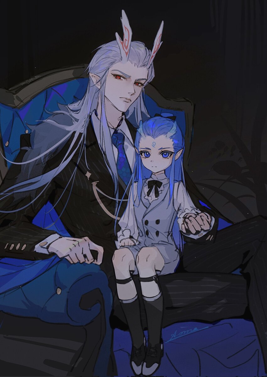 2boys, aged_down, alternate_costume, ao_bing_(nezha_zhi_motong_jiangshi), ao_guang_(nezha_zhi_motong_jiangshi), aoma_(xuanzexuexi), arm_rest, armchair, black_background, black_bow, black_bowtie, black_cape, black_jacket, black_pants, black_shoes, black_socks, black_suit, blue_cape, blue_eyes, blue_hair, blue_necktie, bow, bowtie, buttons, cape, chair, child, chinese_commentary, closed_mouth, collared_shirt, crossed_legs, cuff_links, double-breasted, dragon_boy, dragon_horns, eastern_dragon_horns, expressionless, facial_mark, father_and_child, father_and_son, feet_out_of_frame, forehead_mark, forked_eyebrows, formal_clothes, full_body, fur-trimmed_cape, fur_trim, furrowed_brow, grey_shorts, grey_vest, hair_slicked_back, highres, holding_hands, horns, jacket, lapel_pin, legs_together, legwear_garter, lips, long_hair, looking_at_viewer, male_focus, multiple_boys, necktie, nezha_zhi_motong_jiangshi, oxfords, pants, parent_and_child, pinstripe_jacket, pinstripe_pants, pinstripe_pattern, pinstripe_suit, plant, pointy_ears, print_necktie, red_eyes, scale_print, shirt, shoes, shorts, sidelocks, sitting, sitting_on_lap, sitting_on_person, socks, suit, suit_jacket, topknot, two-sided_cape, two-sided_fabric, vest, white_hair, white_shirt