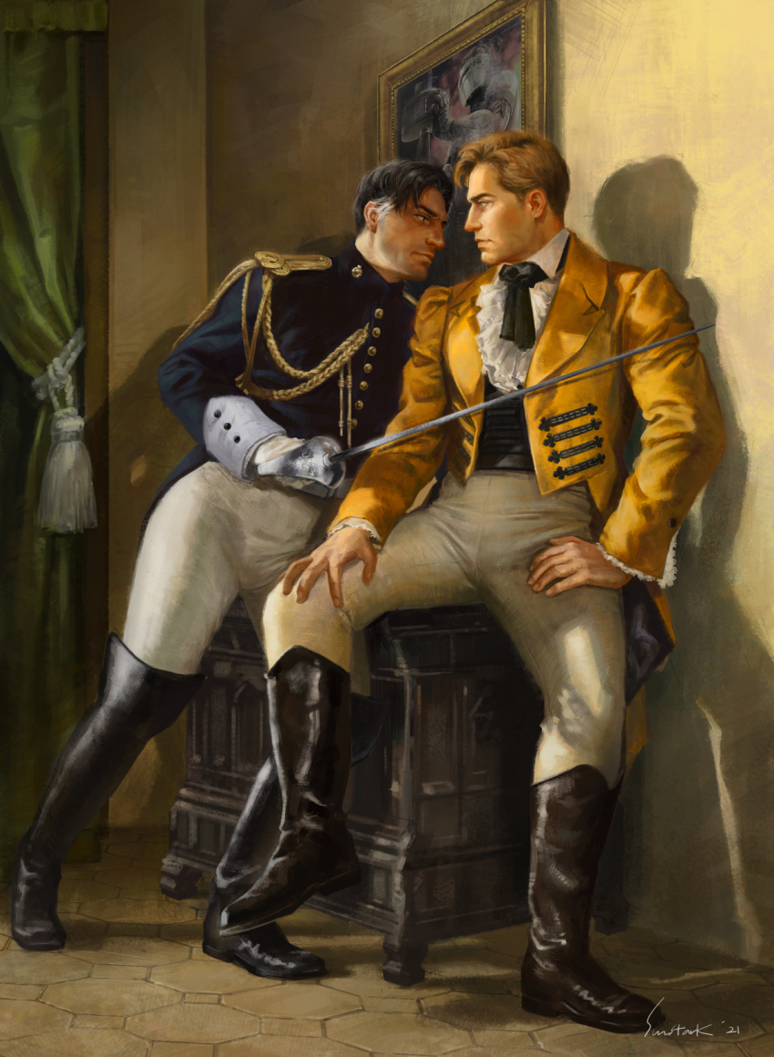2boys, aiguillette, alternate_costume, ascot, black_hair, black_ribbon, black_shirt, blonde_hair, blue_jacket, boots, buttons, chest_of_drawers, closed_mouth, collared_shirt, commentary, curtains, doc_(rainbow_six_siege), eye_contact, full_body, gloves, grey_hair, hand_on_own_thigh, highres, holding, holding_sword, holding_weapon, jacket, lapels, layered_sleeves, lion_(rainbow_six_siege), long_sleeves, looking_at_another, male_focus, multiple_boys, neck_ribbon, open_clothes, open_jacket, painting_(object), pants, rainbow_six_siege, ribbon, shadow, shirt, sideburns, signature, sitting, sleeve_cuffs, sun_stark, sword, tachanka_(rainbow_six_siege), weapon, white_ascot, white_gloves, white_pants, wing_collar, yellow_jacket