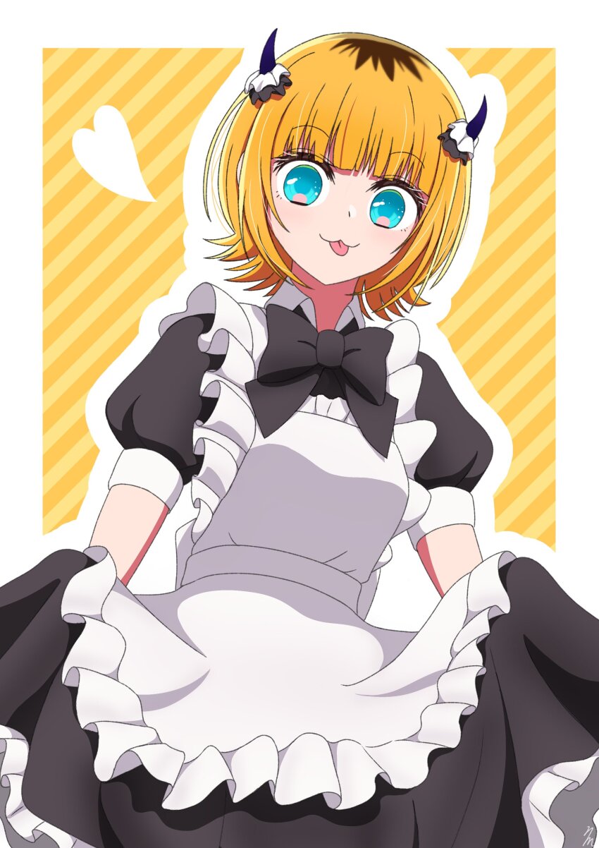 1girl, :3, absurdres, apron, aqua_eyes, black_dress, blonde_hair, blush