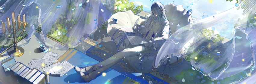 1boy, absurdres, becoming_a_god_in_the_zerg_world_by_livestreaming_bl_novels, book, chang_chang_chang_chang_chang_xiang, falling_petals, feathers, full_body, grey_hair, hair_between_eyes, highres, holding, holding_feather, indoors, letter, long_hair, neck_tassel, paper, petals, shi_cunjin, shirt, shoes, sitting, solo, tassel, white_shirt, white_shoes