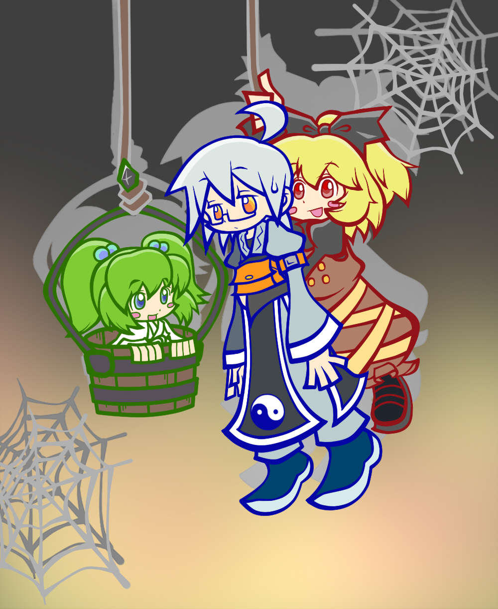 2girls, adenine_(artist), ahoge, blonde_hair, blue_eyes, blush, blush_stickers, bow