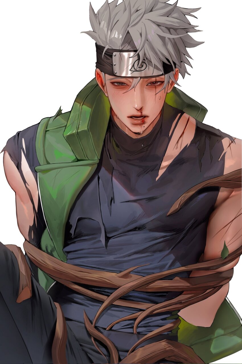 1boy, arms_behind_back, black_shirt, blood, blood_on_face, blush, collared_jacket, forehead_protector