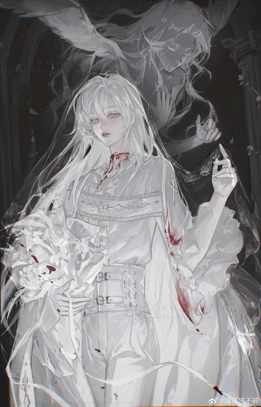 1boy, absurdres, angel_wings, becoming_a_god_in_the_zerg_world_by_livestreaming_bl_novels, blood, blood_on_clothes, bouquet, flower, grey_hair, hair_between_eyes, highres, holding, holding_bouquet, jewelry, long_hair, long_sleeves, looking_at_viewer, male_focus, miao_miao_sui_bu_sui, red_eyes, see-through_clothes, see-through_veil, shi_cunjin, shirt, veil, white_eyes, white_hair, white_shirt, white_veil, wings