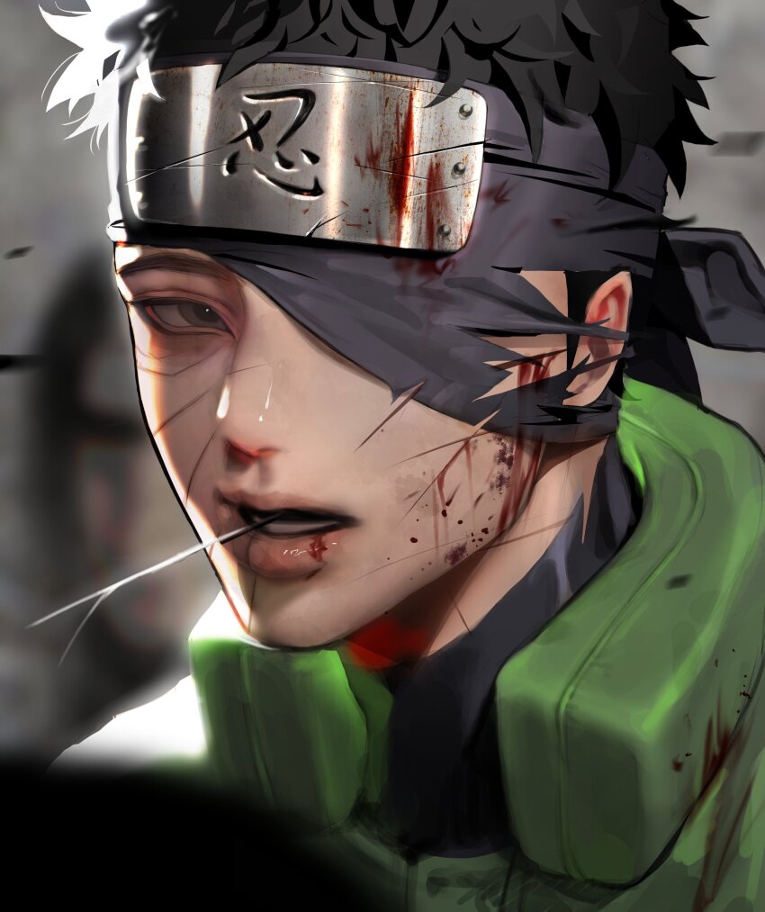 1boy, black_hair, black_shirt, blood, blood_on_face, brown_eyes, commentary_request, forehead_protector, green_jacket, highres, injury, jacket, korean_commentary, looking_to_the_side, lower_teeth_only, male_focus, naruto_(series), naruto_shippuuden, parted_lips, shirt, short_hair, sideways_glance, solo, ssxssss_848, teeth, torn_clothes, uchiha_obito, upper_body
