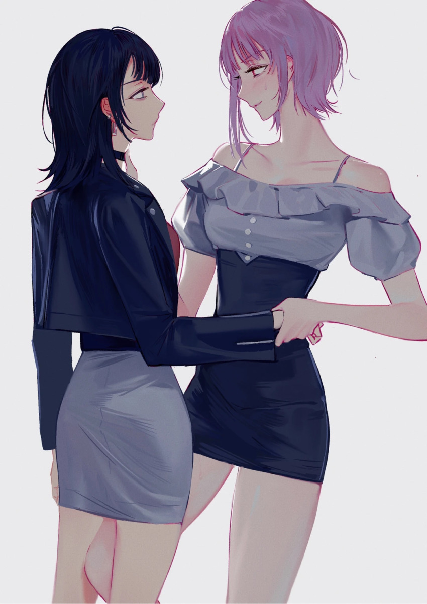 2girls, aqua_eyes, arm_at_side, bang_dream!, bang_dream!_it's_mygo!!!!!, black_choker, black_hair, black_jacket