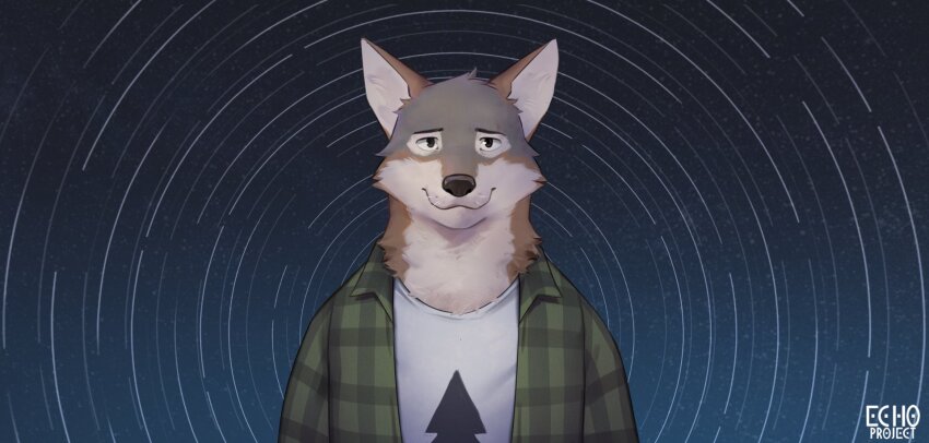 1boy, 9klipse, animal_ears, arches_(visual_novel), cameron_wilson_(arches), closed_mouth, commentary, copyright_logo, coyote_boy, echo_project, english_commentary, furry, furry_male, highres, logo, male_focus, night, sky, star_(sky), upper_body, whiskers, wolf_ears
