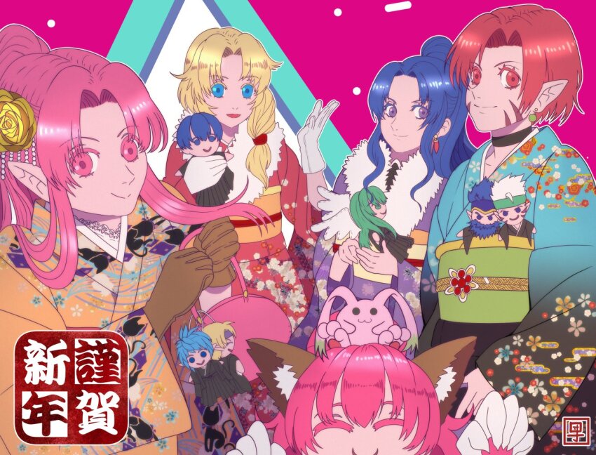 5girls, :d, animal_ears, animal_hands, artist_request, black_choker, blonde_hair, cat_ears, choker, closed_mouth, cyuss_warren, dorne_murtough, earrings, flower, gloves, hair_flower, hair_ornament, ilia_silvestri, ioshua_jerand, japanese_clothes, jewelry, kimono, long_hair, looking_at_viewer, mavelle_froessen, millie_chliette, multiple_girls, new_year, open_mouth, perisie_(star_ocean), phia_mell, pink_hair, pointy_ears, ponytail, roddick_farrence, ronyx_j._kenny, short_hair, smile, star_ocean, star_ocean:_first_departure