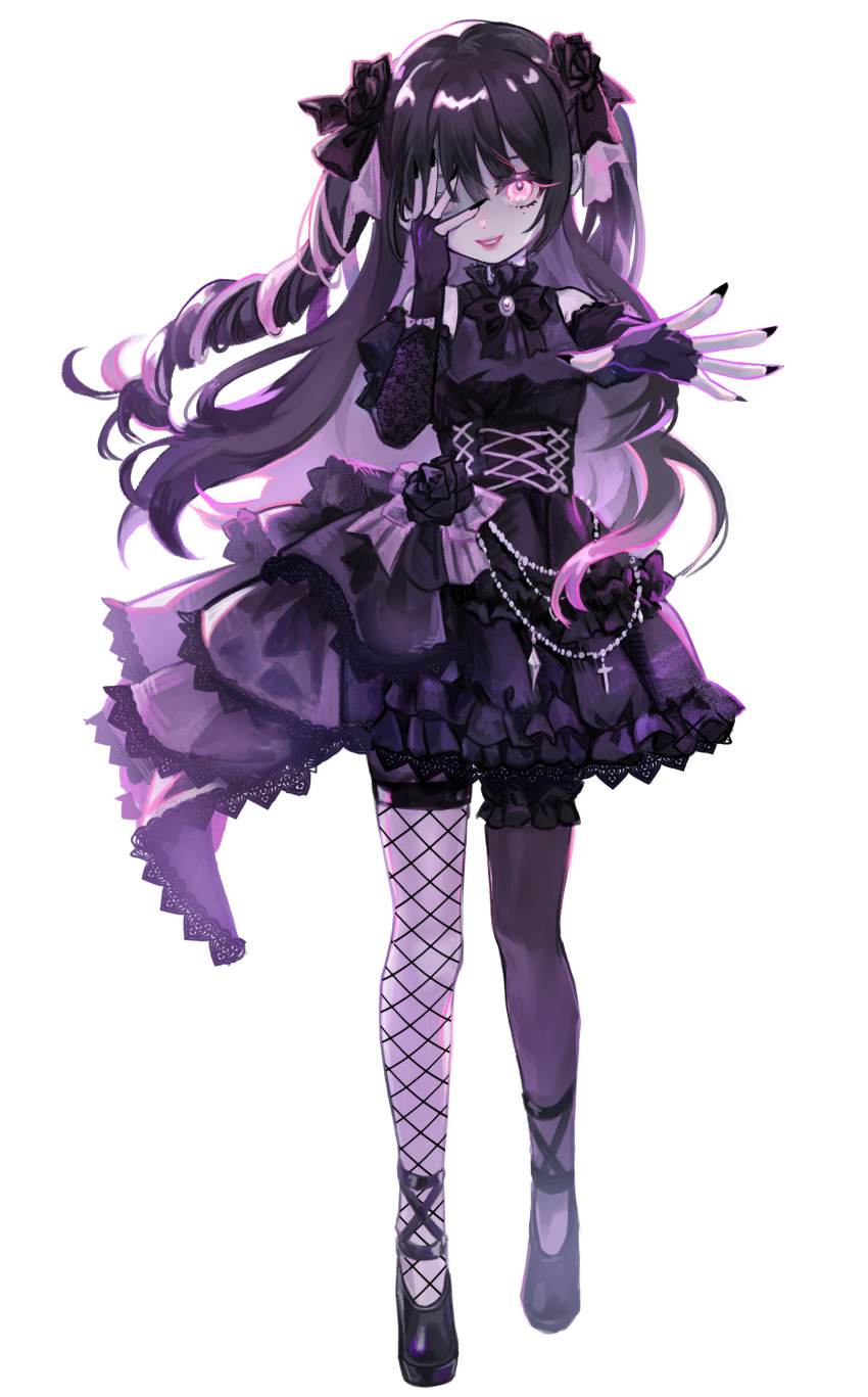 1girl, absurdres, asymmetrical_legwear, black_bow, black_bowtie, black_corset, black_dress, black_flower