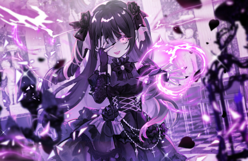 1girl, absurdres, black_bow, black_bowtie, black_corset, black_dress, black_flower, black_gloves