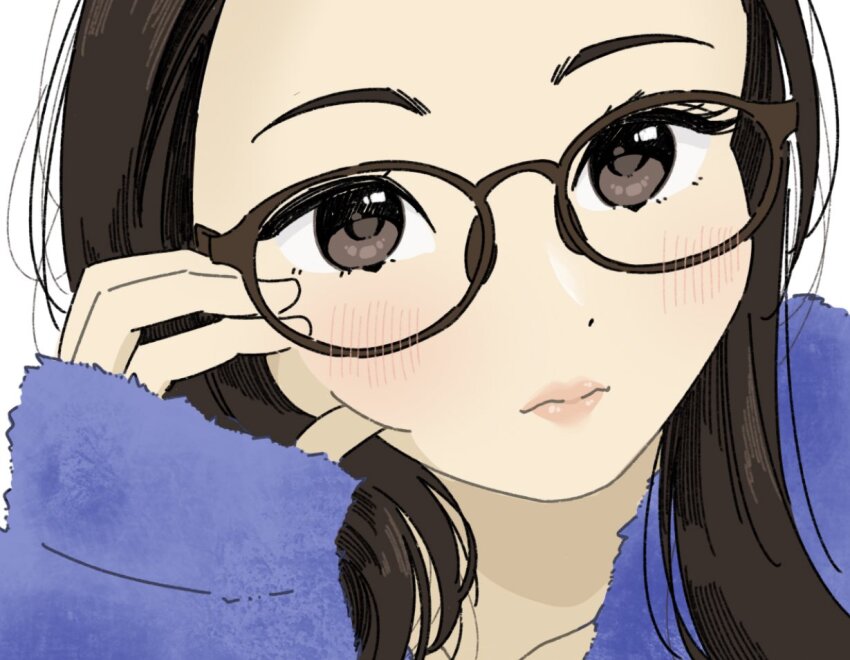 1girl, animification, blush, brown_eyes, brown_hair, collarbone, half-heart_hands, lips