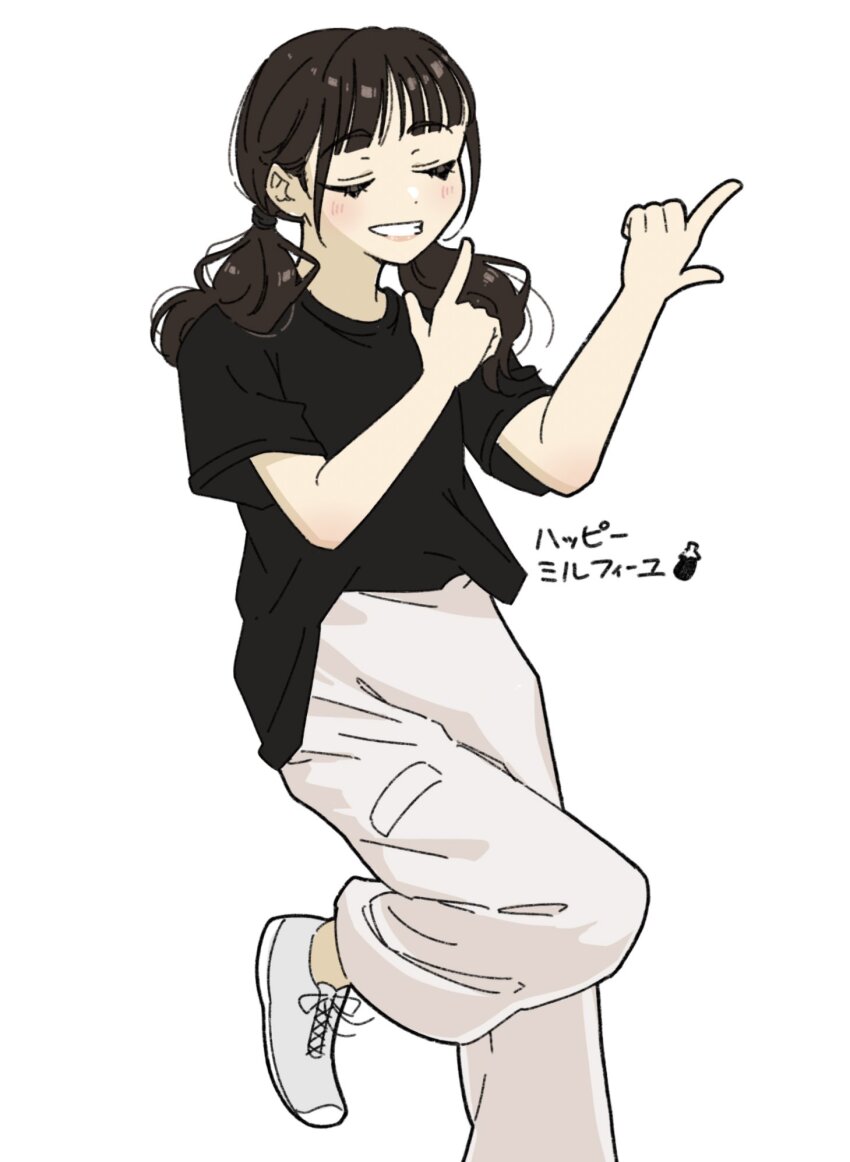 1girl, animification, black_hair, black_shirt, closed_eyes, foot_out_of_frame, grin, highres