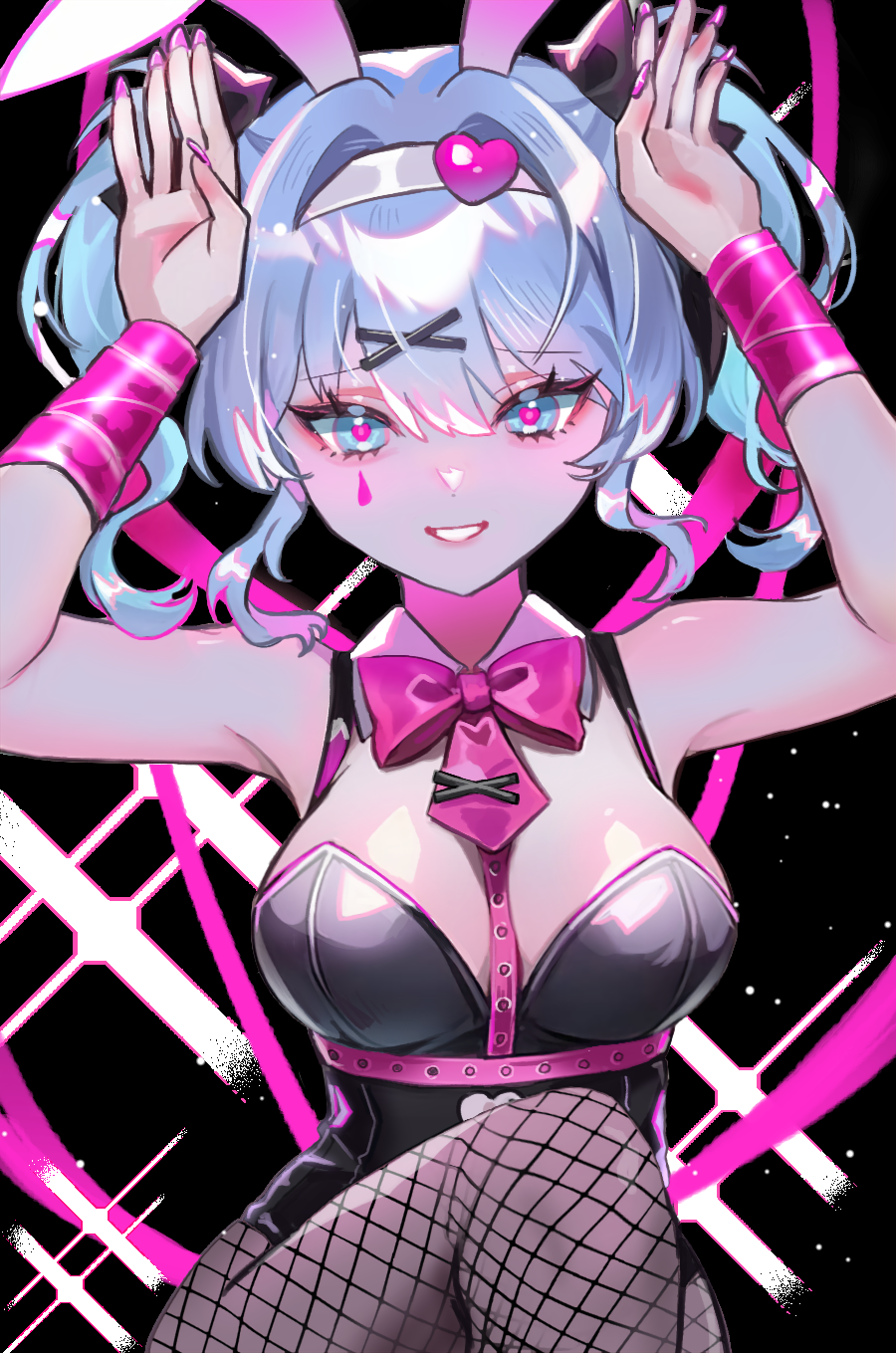 1girl, animal_ears, arms_up, black_leotard, black_pantyhose, blue_eyes, blue_hair, bow