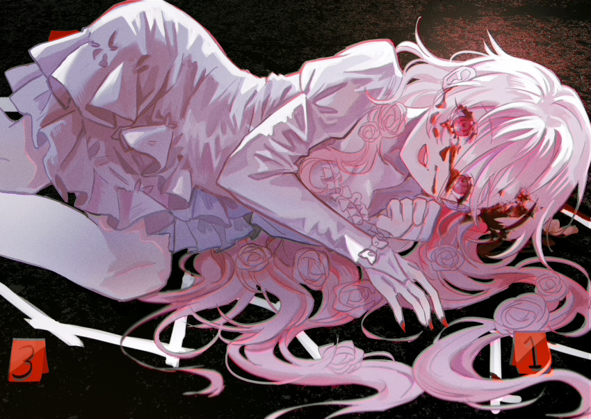 1girl, blood, blood_in_hair, blood_on_face, bow, chalk_outline, chromatic_aberration, commentary