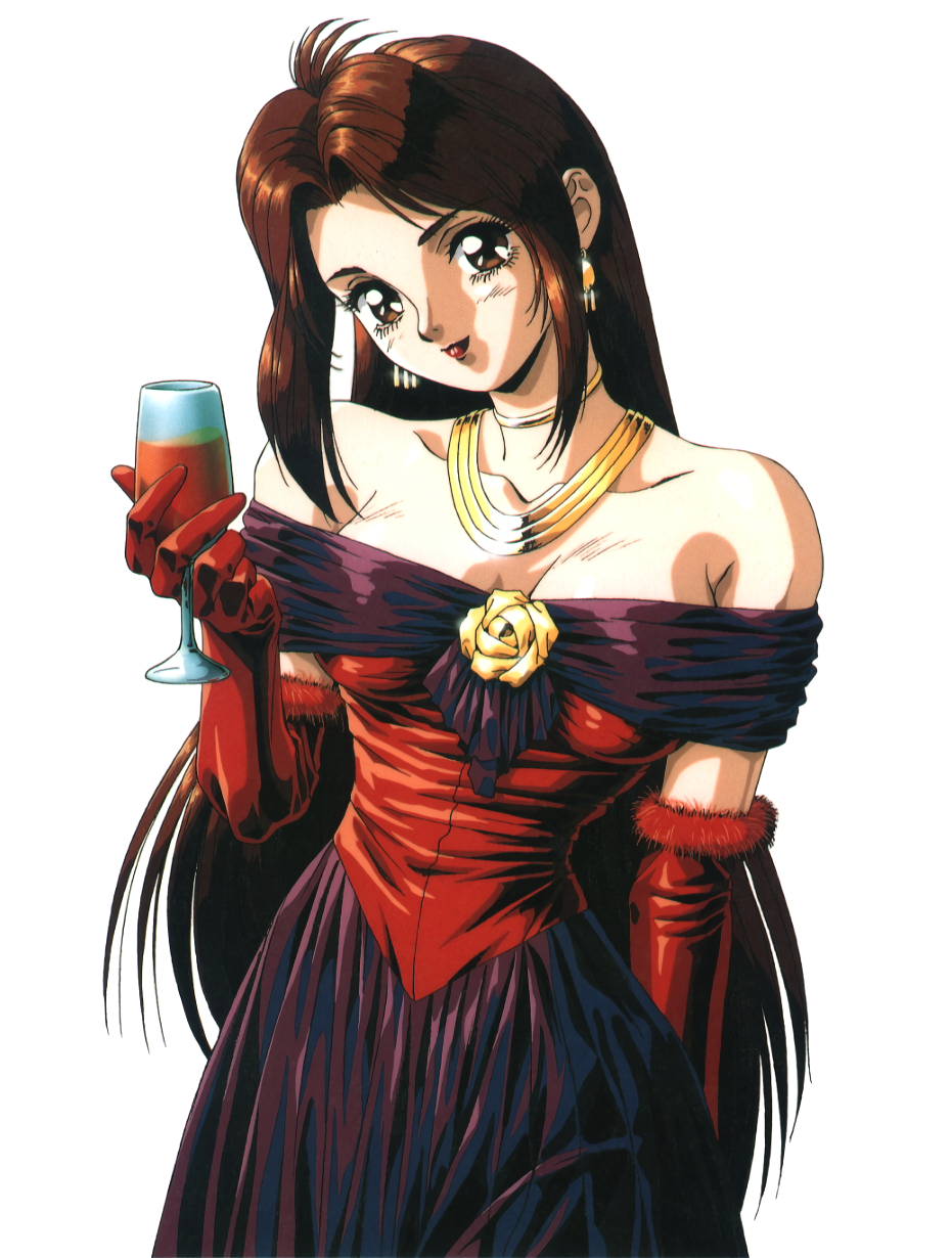 1990s_(style), 1girl, alcohol, breasts, brown_eyes, brown_hair, choker, cup