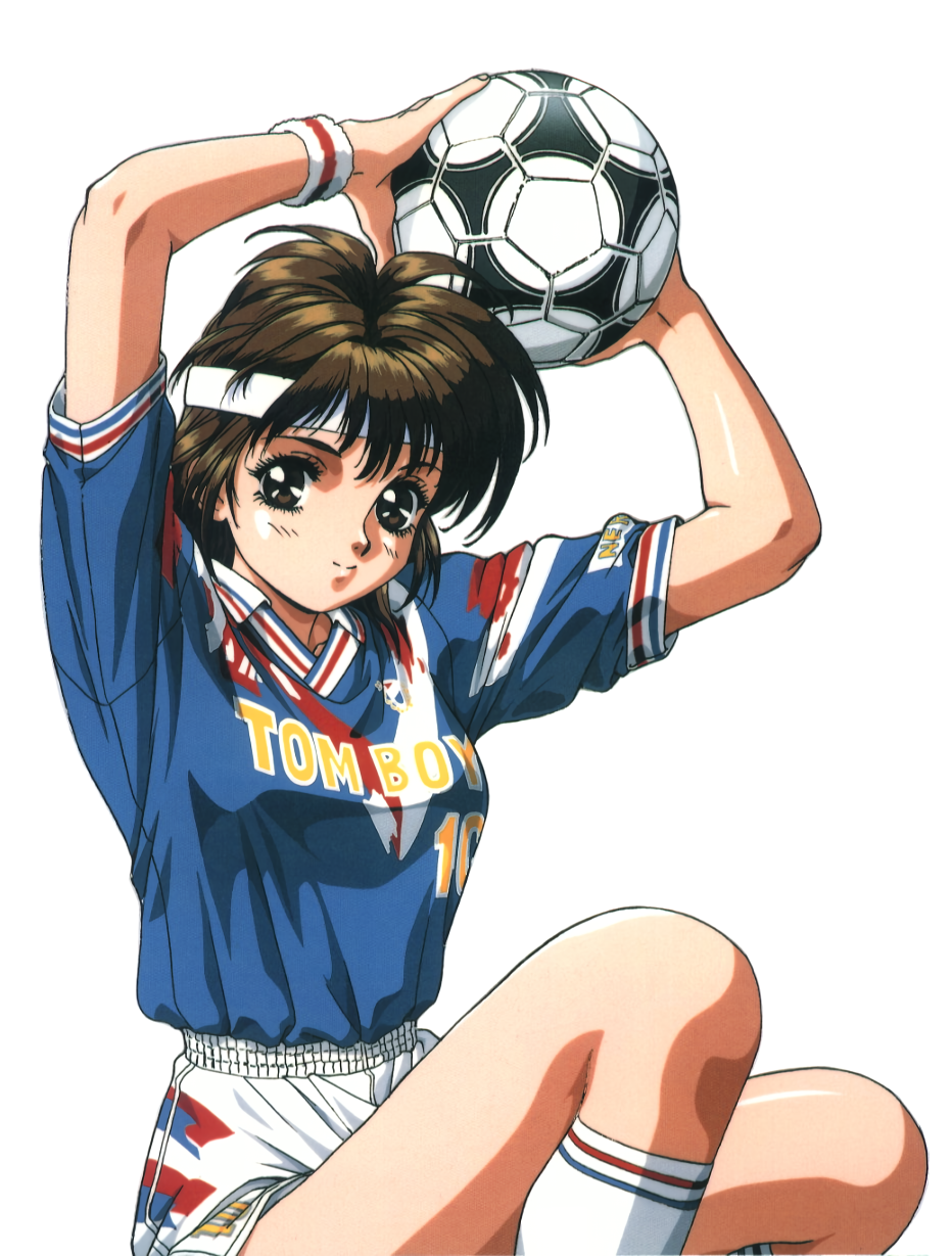 1girl, arms_up, ball, brown_eyes, brown_hair, clothes_writing, headband, highres