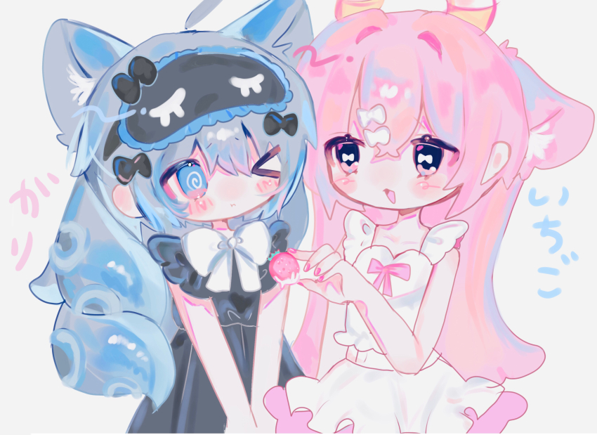 >_o, 2girls, ;t, @_@, ahoge, animal_ears, black_bow, black_dress