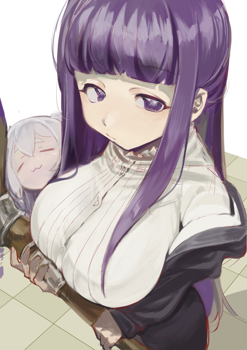 2girls, :/, :3, absurdres, blunt_bangs, breasts, closed_eyes, closed_mouth, fern_(sousou_no_frieren), frieren, hair_between_eyes, highres, holding, holding_staff, large_breasts, long_hair, long_sleeves, mage_staff, may42045, multiple_girls, purple_eyes, purple_hair, purple_robe, robe, shirt, sidelocks, sousou_no_frieren, staff, thick_eyebrows, tile_floor, tiles, twintails, very_long_hair, white_hair, white_shirt