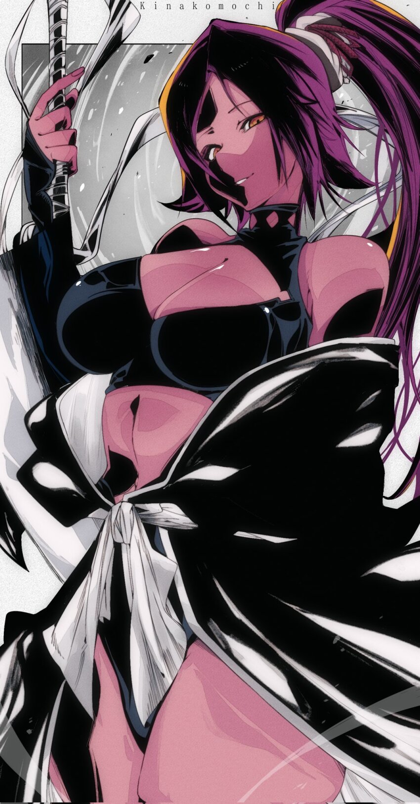 1girl, artist_name, bare_shoulders, bleach, breasts, dark-skinned_female, dark_skin, female_focus