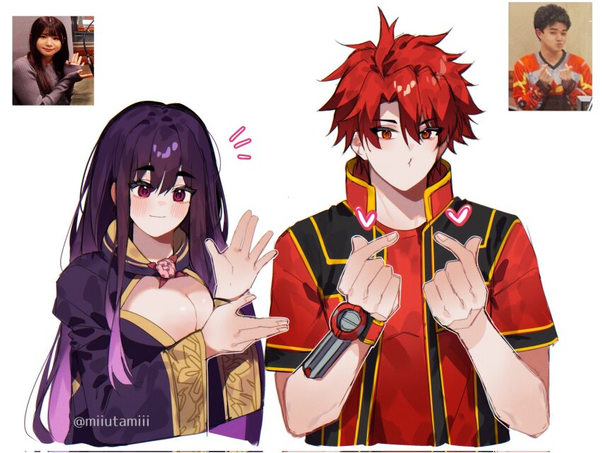 2boys, 2girls, asagaki_togo, black_coat, black_vest, blush, breasts, cleavage