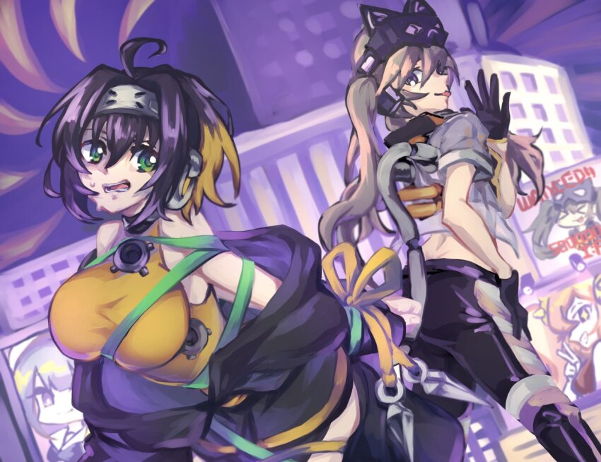 >_<, 2girls, ahoge, arm_behind_back, bdsm, black_gloves, bondage, bound