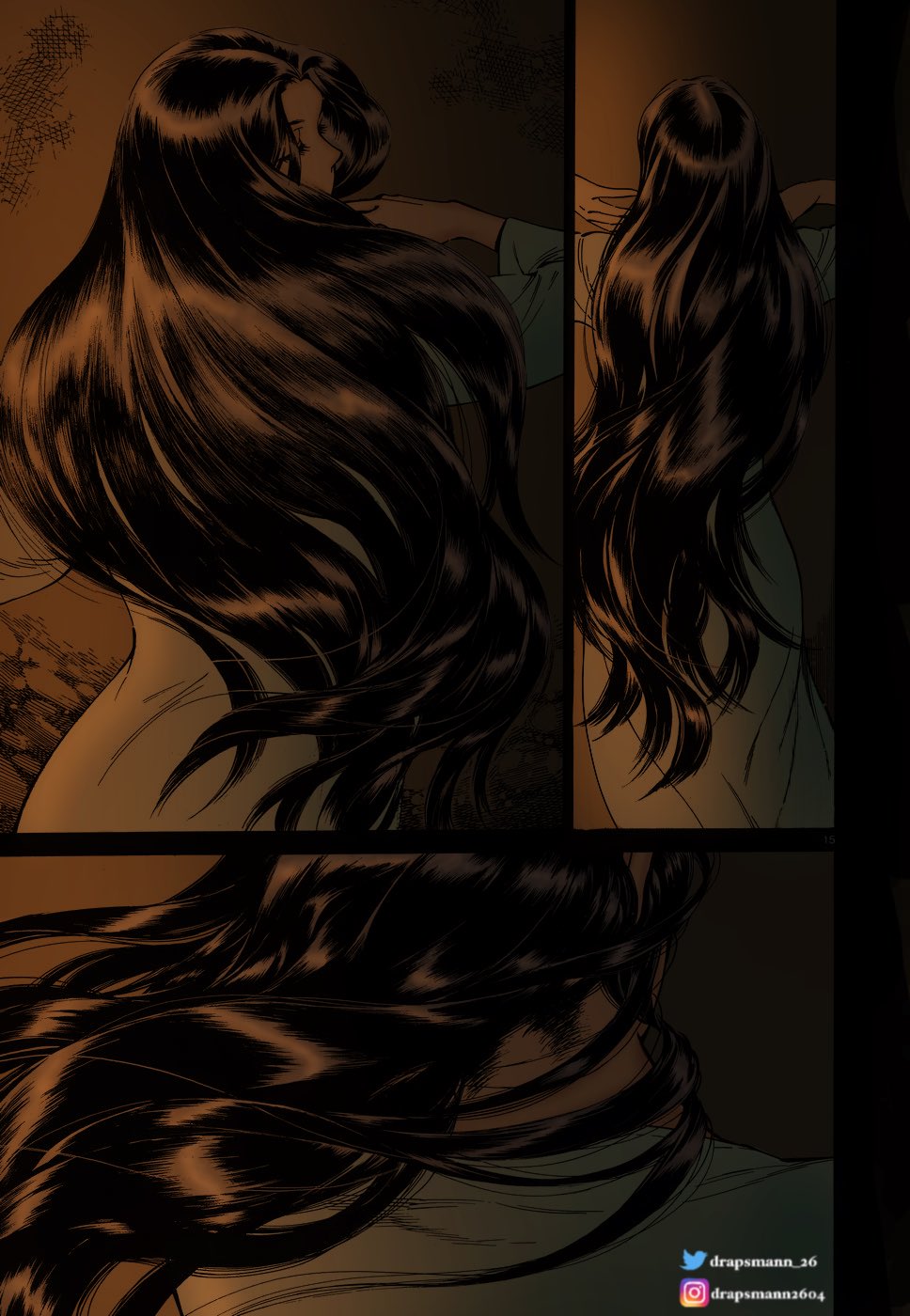 artist_name, ass, back, black_hair, closed_eyes, dark-skinned_female, dark_skin, drapsmann_2604, highres, instagram_logo, instagram_username, long_hair, otoyomegatari, seleke_eihon, straight_hair, twitter_logo, twitter_username, very_long_hair