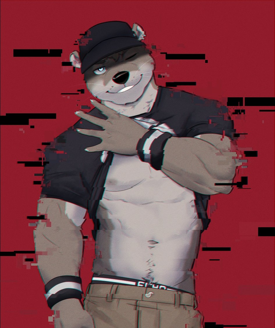 1boy, 9klipse, animal_ears, armband, baseball_cap, black_hat, brown_pants, claws, clothes_lift, commentary, echo_(visual_novel), echo_project, furry, furry_male, glitch, hat, looking_at_viewer, male_focus, navel, nipples, one_eye_closed, otter_boy, otter_ears, pants, red_background, shirt_lift, smile, sydney_bronson, whiskers