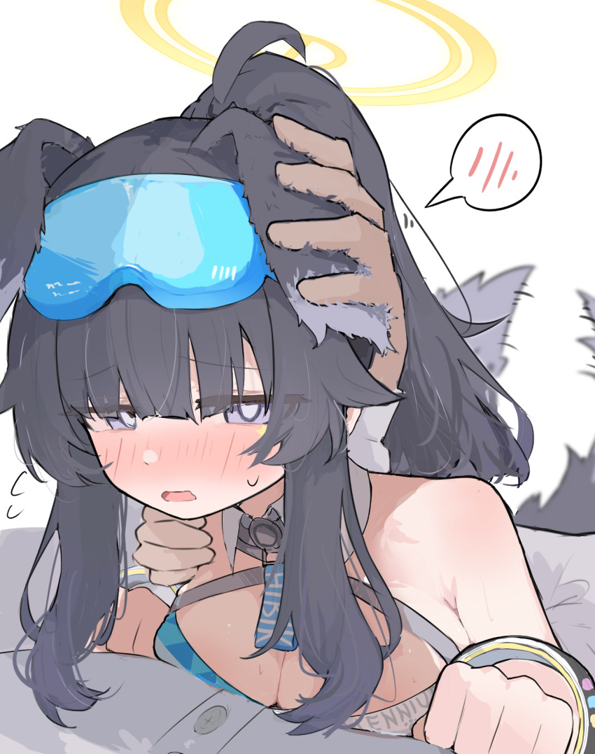 1boy, 1girl, animal_ears, bare_shoulders, black_hair, blue-tinted_eyewear, blue_archive, blue_eyes