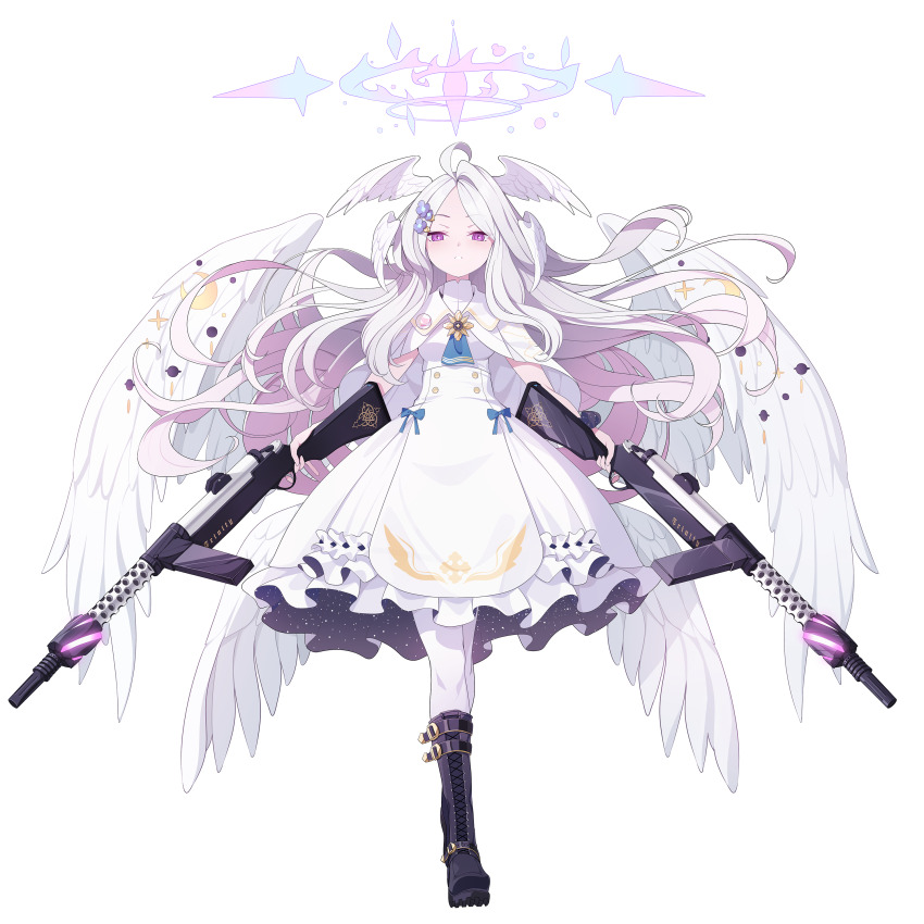 1girl, absurdres, ahoge, alternate_costume, alternate_wings, angel_wings, black_boots, blue_archive