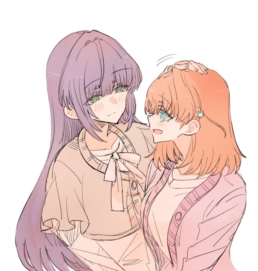 2girls, :d, aqua_eyes, blush, breasts, brown_cardigan, cardigan, cerise_bouquet