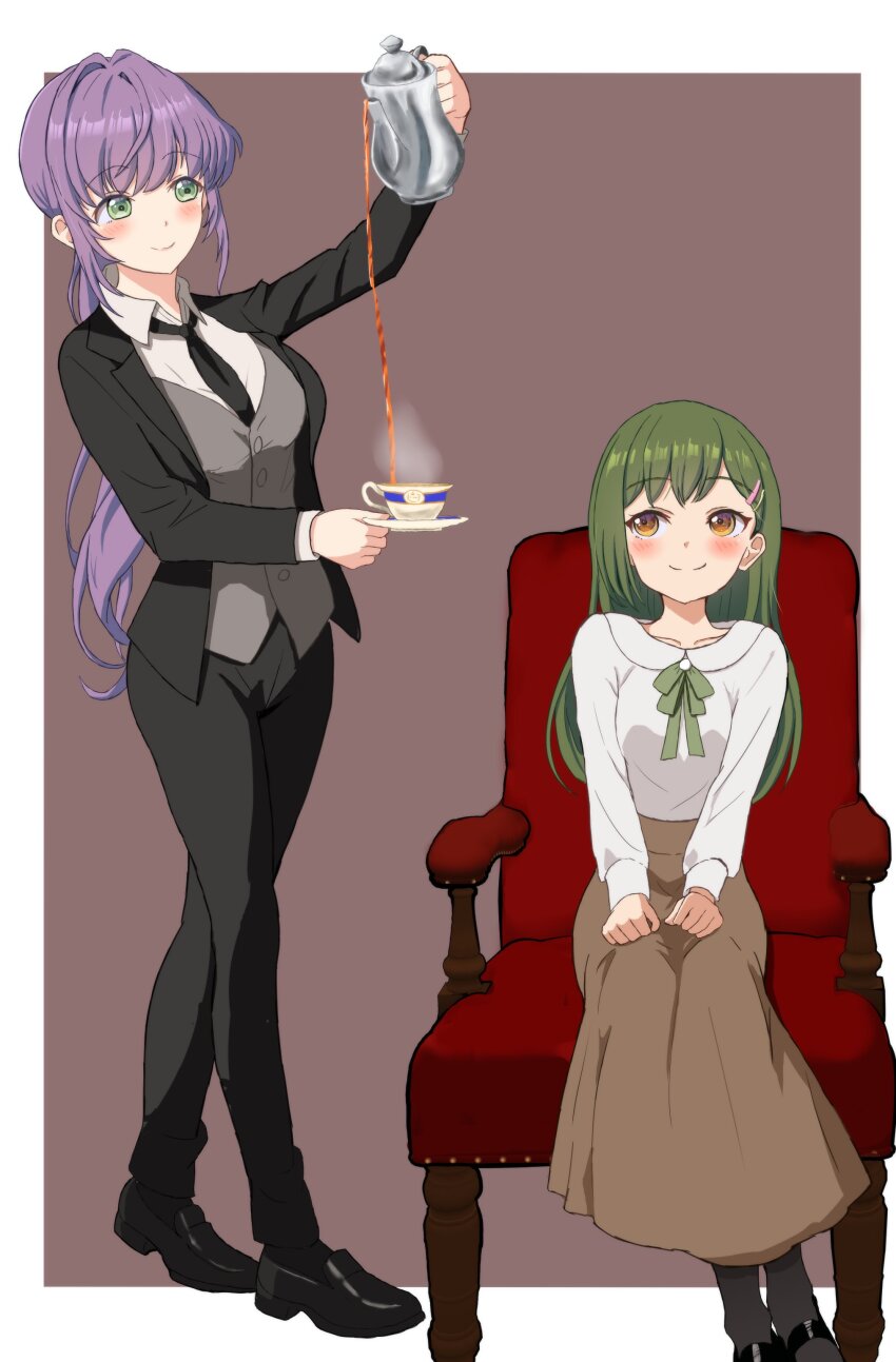 2girls, absurdres, black_jacket, black_neckerchief, black_pants, black_pantyhose, black_shoes, border