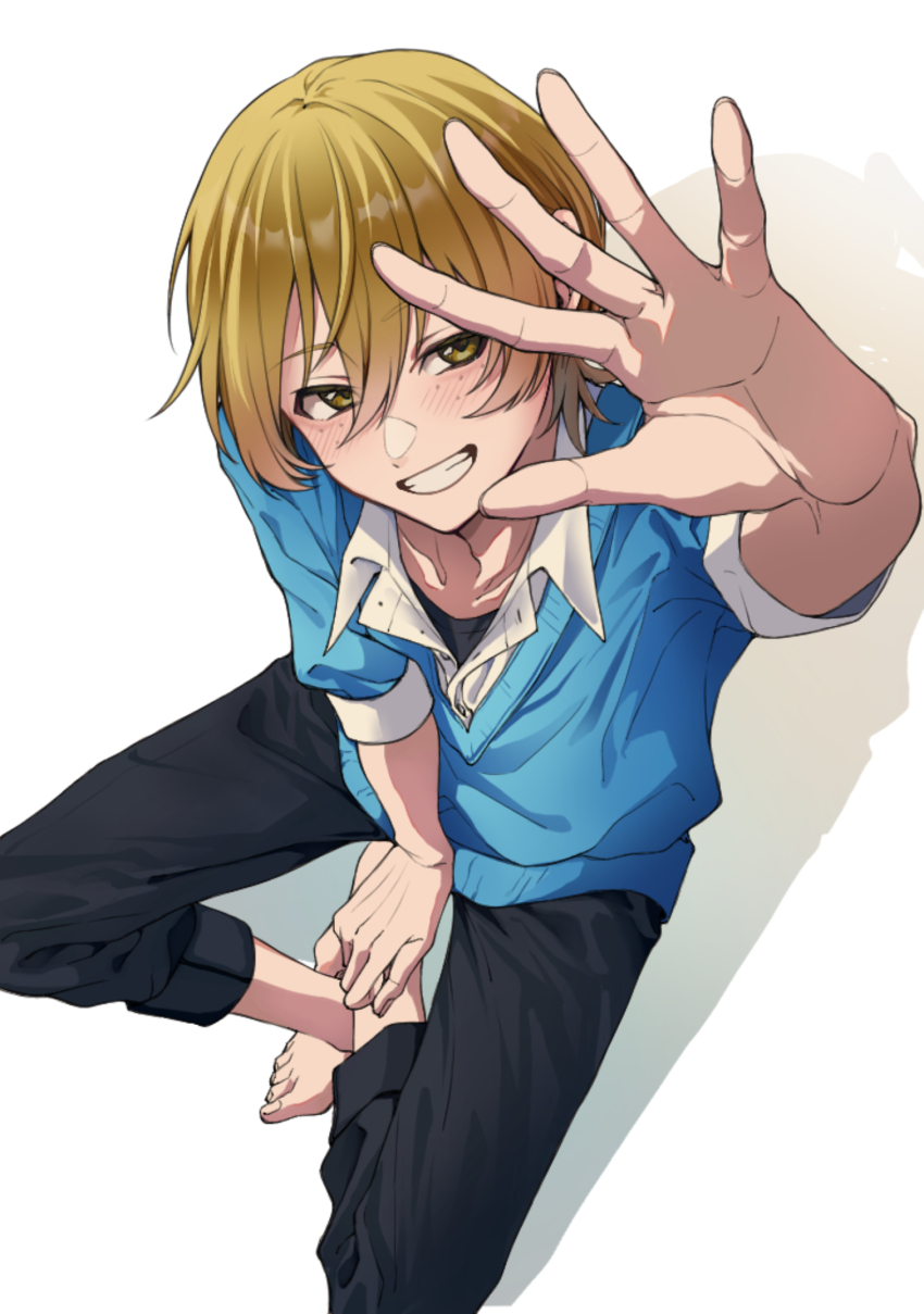 1boy, arm_up, barefoot, black_pants, blonde_hair, blue_sweater, bungou_stray_dogs, commentary_request