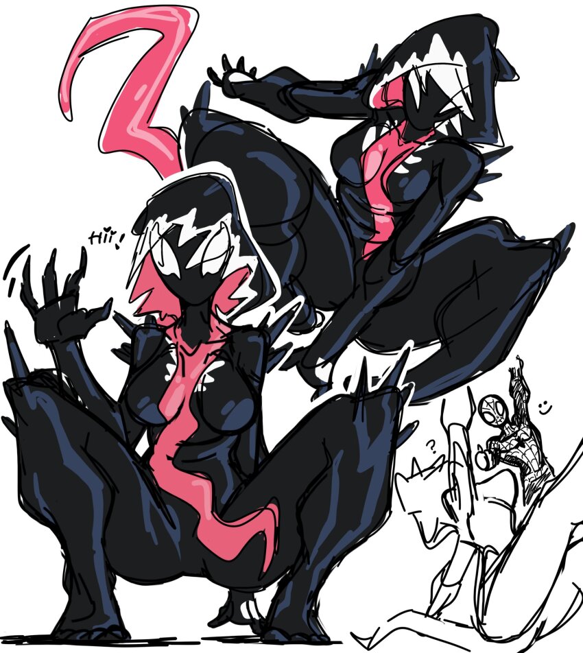 black_bodysuit, bodysuit, breasts, claws, gwenom, highres, hood, hooded_bodysuit