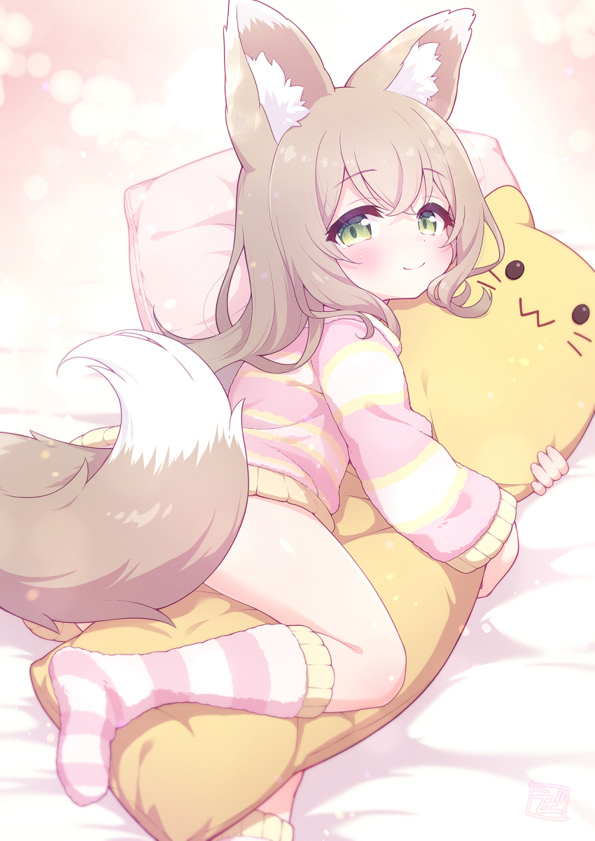 1girl, animal_ear_fluff, aruma_(goma), bed_sheet, blobcat, blush, borrowed_character, brown_hair