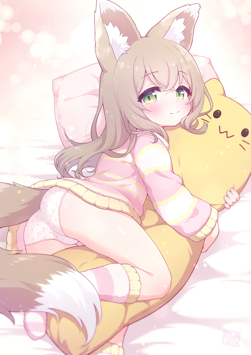1girl, animal_ear_fluff, aruma_(goma), bed_sheet, blobcat, blush, borrowed_character, brown_hair, brown_tail, commentary_request, commission, crossed_bangs, from_side, green_eyes, hair_between_eyes, highres, hugging_object, kneehighs, loli, long_hair, long_sleeves, looking_at_viewer, looking_to_the_side, no_shoes, original, panties, pillow, pink_socks, pink_sweater, polka_dot, polka_dot_panties, skeb_commission, smile, socks, solo, split_mouth, striped_clothes, striped_socks, striped_sweater, stuffed_animal, stuffed_cat, stuffed_toy, sweater, tail, underwear, variant_set, white_panties, wodaex
