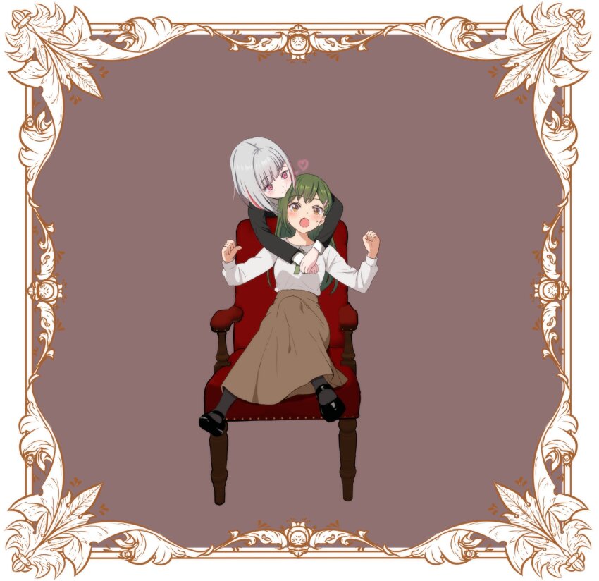 2girls, :o, arms_around_neck, black_jacket, black_pantyhose, black_shoes, bob_cut, border