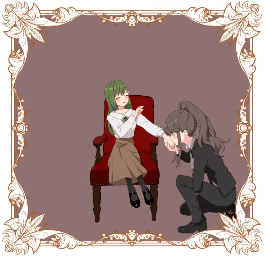 2girls, :d, black_jacket, black_neckerchief, black_pants, black_pantyhose, black_shoes, blush