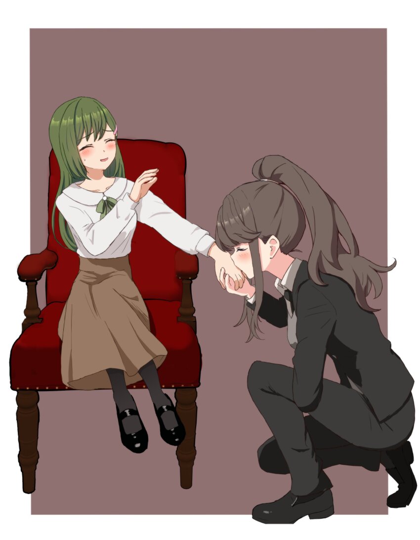 2girls, :d, absurdres, black_jacket, black_neckerchief, black_pants, black_pantyhose, black_shoes