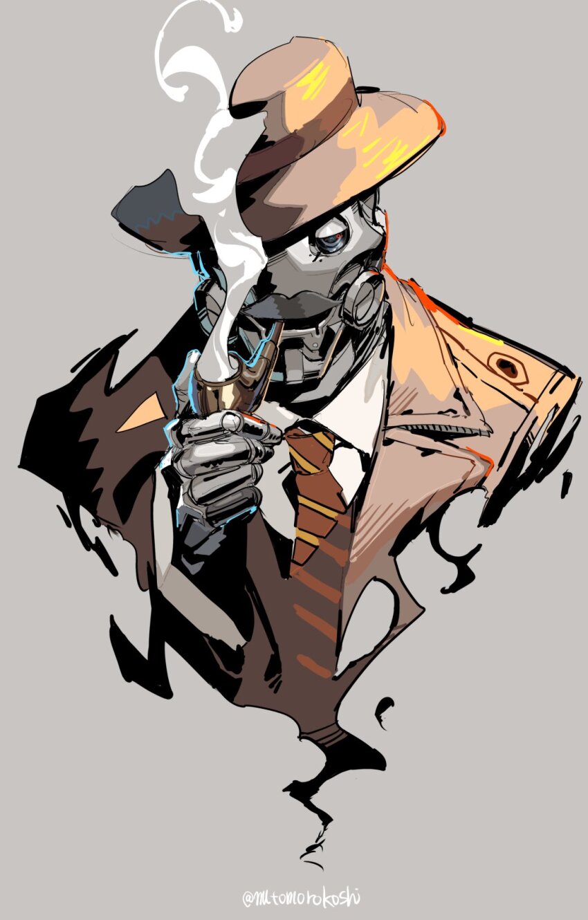 1boy, arknights, brown_coat, brown_hat, clothed_robot, coat, cropped_torso, fedora