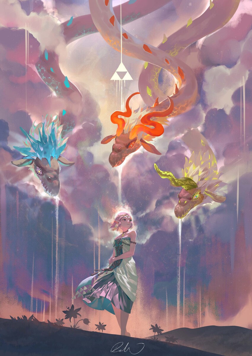 1girl, absurdres, blonde_hair, cloud, dinraal, dragon, dress, earrings