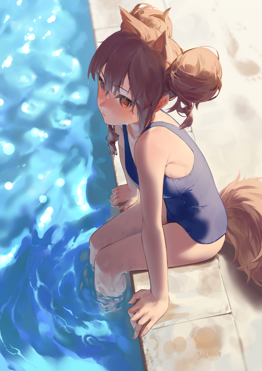 1girl, :|, absurdres, alternate_costume, angelina_(arknights), animal_ears, arknights, armpit_crease, artist_name, bare_shoulders, blue_one-piece_swimsuit, blush, breasts, brown_hair, caustics, closed_mouth, commentary, day, double_bun, english_commentary, expressionless, fox_ears, fox_girl, fox_tail, hair_bun, hands_on_ground, highres, medium_hair, mkrk_mikaerukung, missing_headwear, one-piece_swimsuit, orange_eyes, outdoors, partially_submerged, pool, poolside, school_swimsuit, sitting, small_breasts, solo, swimsuit, tail, thighs, tile_floor, tiles, water, wet