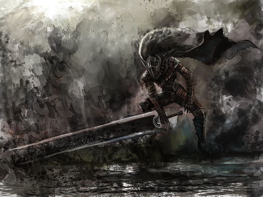 1990s_(style), 1boy, armor, bccp, berserk, berserker_armor, cape, dragonslayer_(sword)